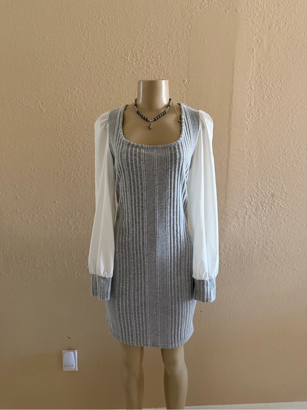 SHEIN Gray Ribbed Knit Dress with White Sheer Bishop Sleeves